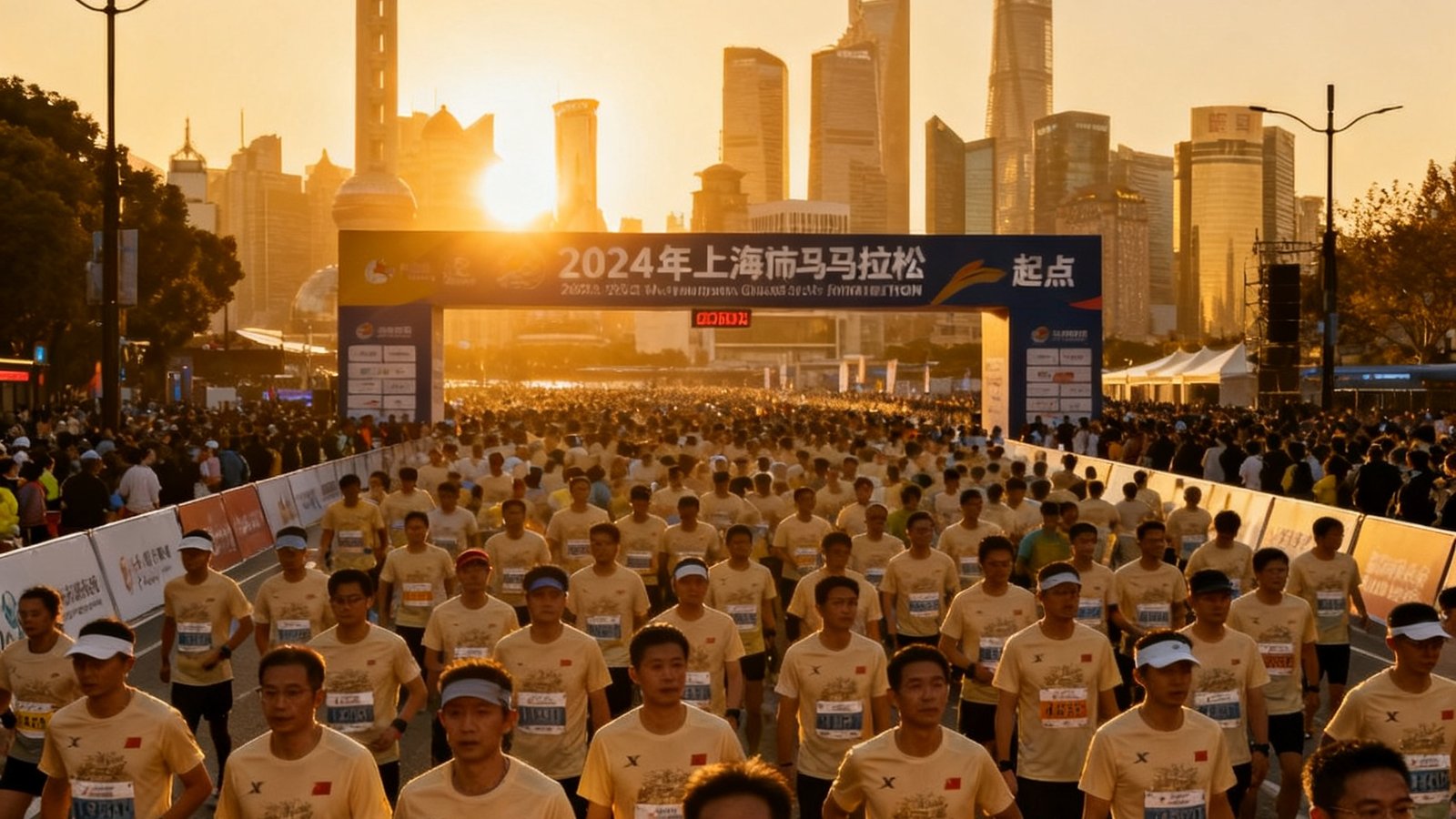 2024年上海城市马拉松起点线，数千名跑者身着统一赛事T恤蓄势待发，背景是陆家嘴天际线和初升的朝阳